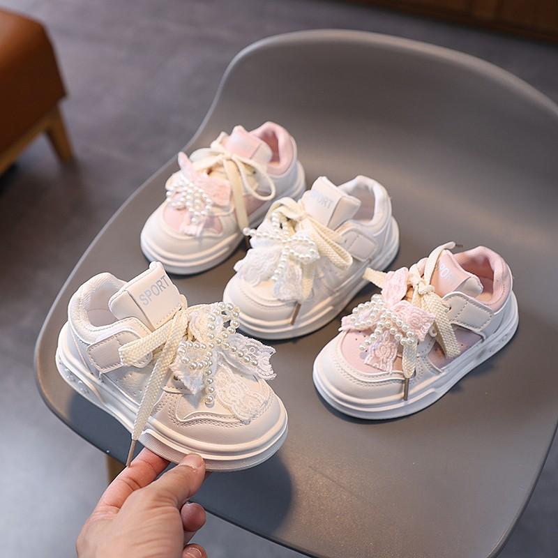 0-6 Years Old Children's Beads Bow Shoes Spring Autumn Breathable Boys Girls Board Shoes Soft Non-slip Kids Sneakers