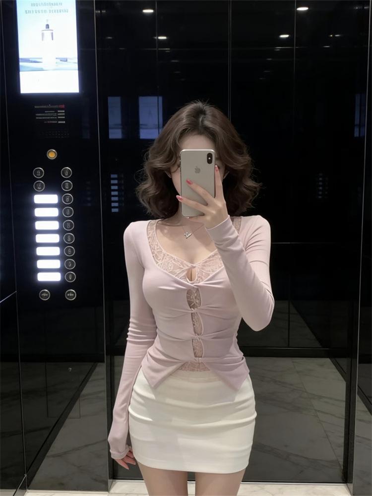 Women's Lace Patchwork Twisted Hollow Long Sleeve Slim Fit Top
