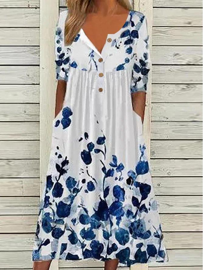 2026 Spring V-Neck Button Short-Sleeve Maxi Dress with Pockets
