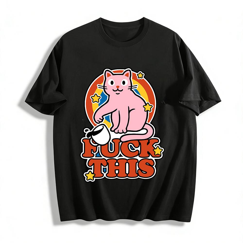 Funny Pink Cat Fuck This Print T-Shirt Unisex Trendy Casual Short Sleeve Top Pure Cotton T-shirt