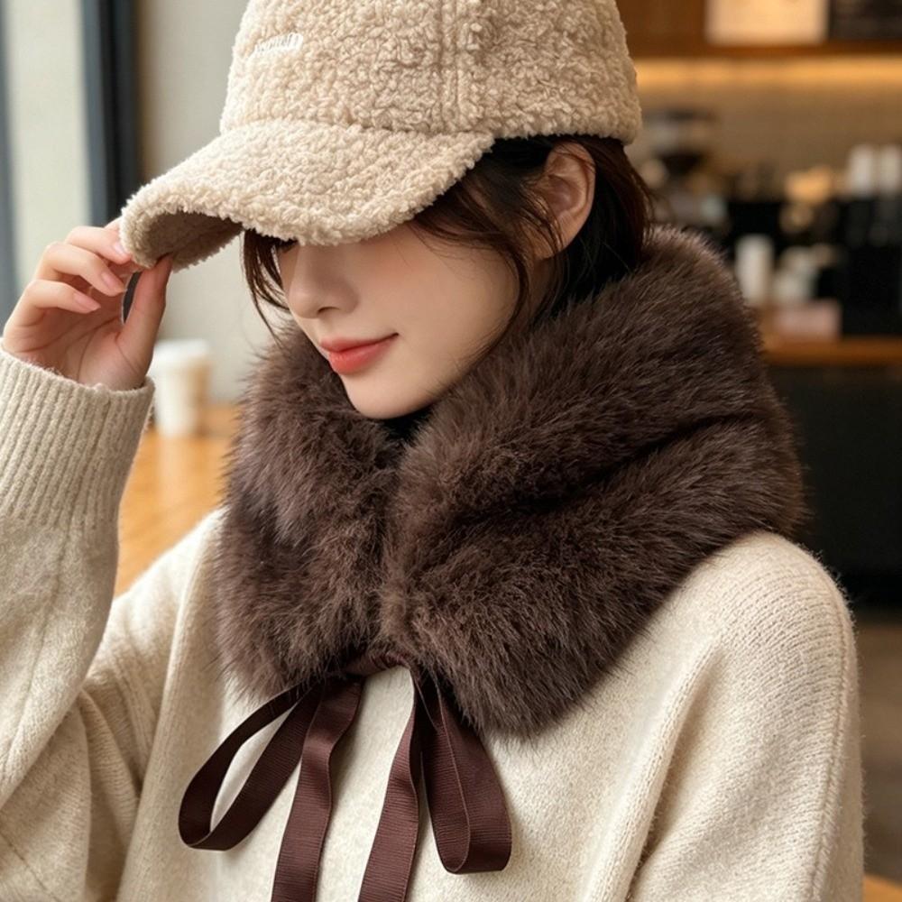 Solid Color Women Scarves with Ribbons Neck Warmer Scarf Fluffy Fur Collar Scarf Winter