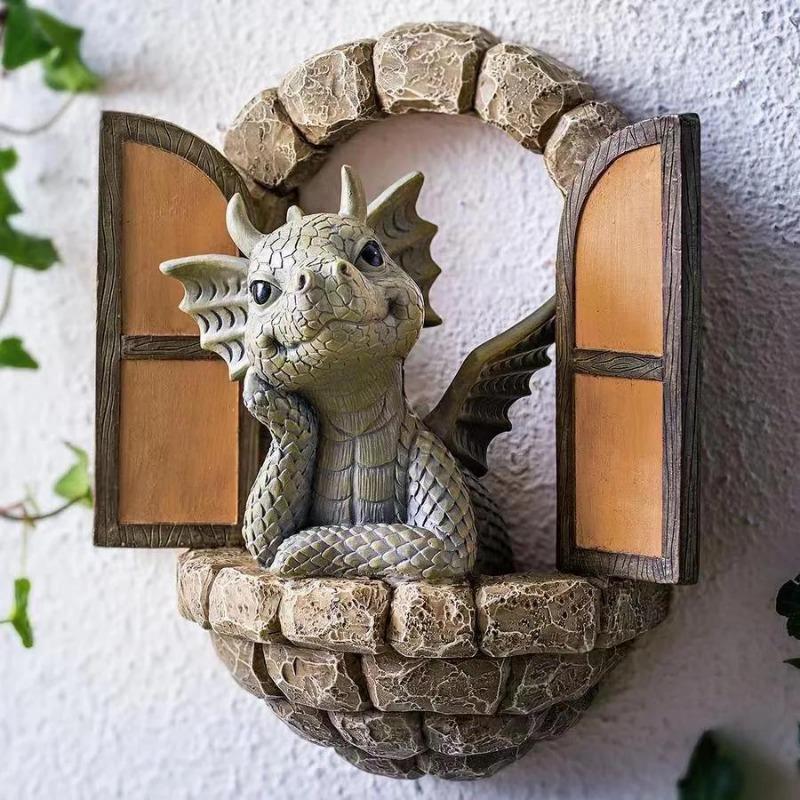 Dragon Garden Decoration Resin Statue Fairy Gate Courtyard Art Outdoor and Garden Door Opening Dragon Wall Carving Decoration (Door Opening)