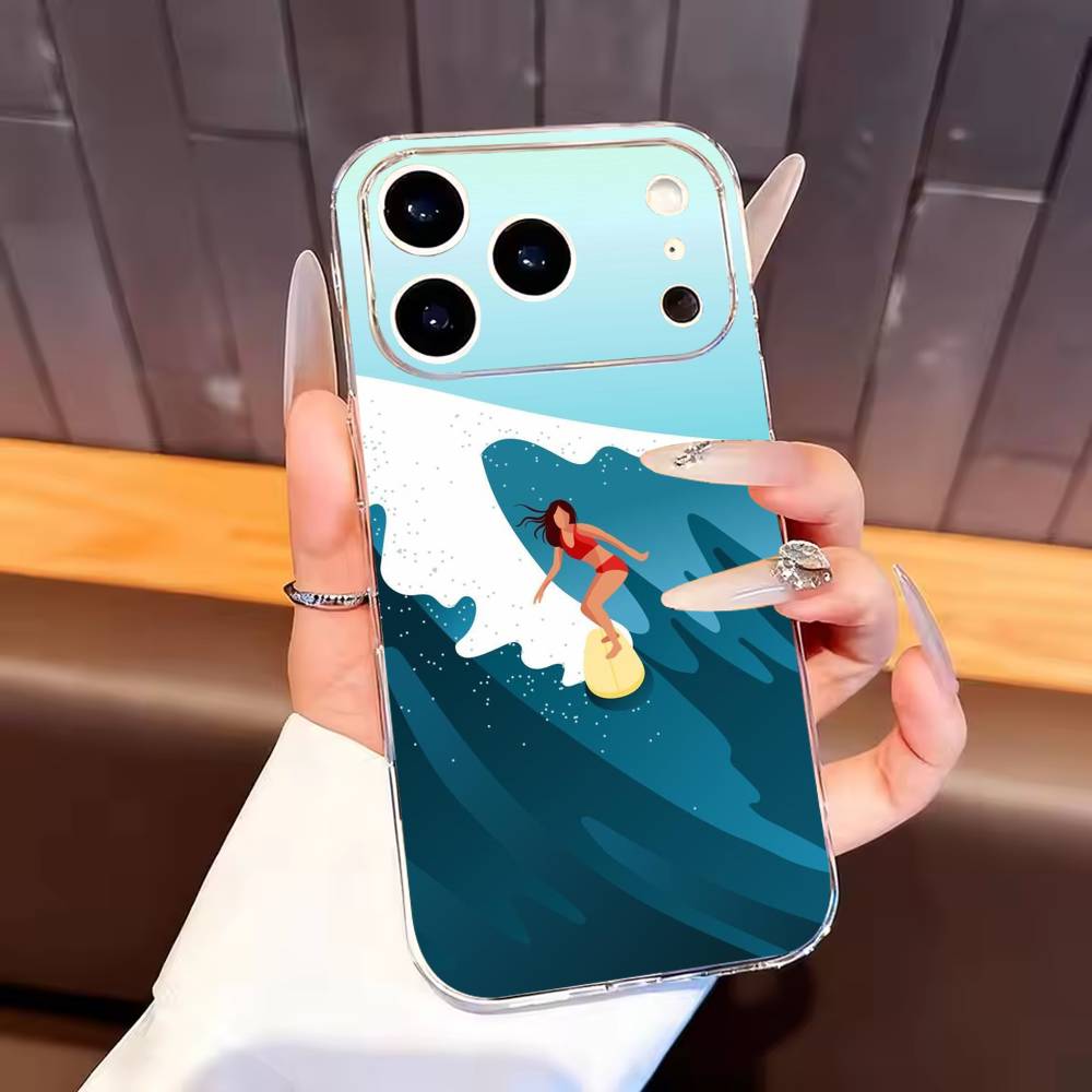 

Surfboard Surfing Art Surf Girl Phone Case For iPhone17,16,15,14,13,12,11 Plus,Pro Max Soft Transparent Cover iPhone13