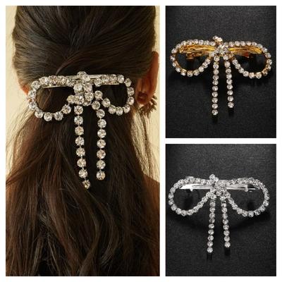 Vintage Rhinestone Bow Hairpins Shiny Bowknot Side Clip Fashion Ponytail Hair Clip Bride