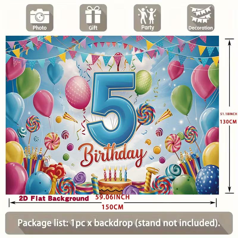2D 5th Birthday Backdrop with Balloons Lollipop and Cake Kids Party Background