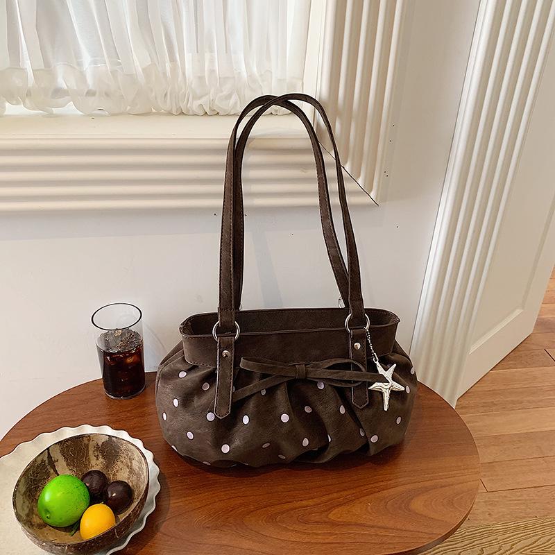 Women's Autumn 2026 Polka Dot Bow Large Pleated Cloud Bag - Simple, High-Capacity Underarm Design