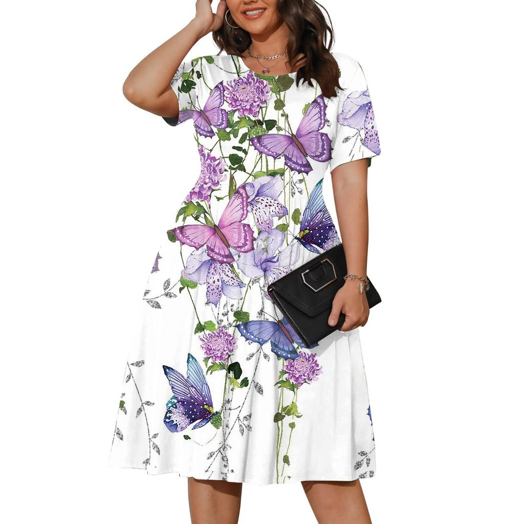 Womens Plus Size Summer Dress Casual Short Sleeve Paletead Waist Loose Fit Swing T-Shirt Dress With Pockets