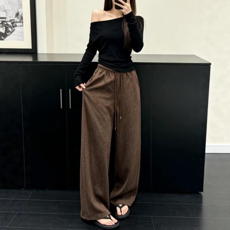 Womens High-Waisted Wide-Leg Casual Pants Coffee Color Loose Fit Straight Cut 2026