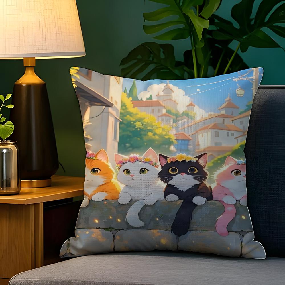 Spring Sunshine Cat Illustrations Pillow Case Natural Linen Pillow Case DoubleSided Decor Sofa Pillowcase Home Decor