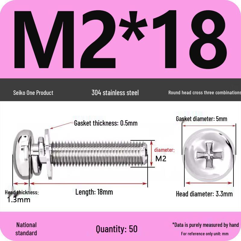 304 Stainless Steel Round Head Phillips Screw with Flat Washer (Sizes M3, M4, M5, M6)