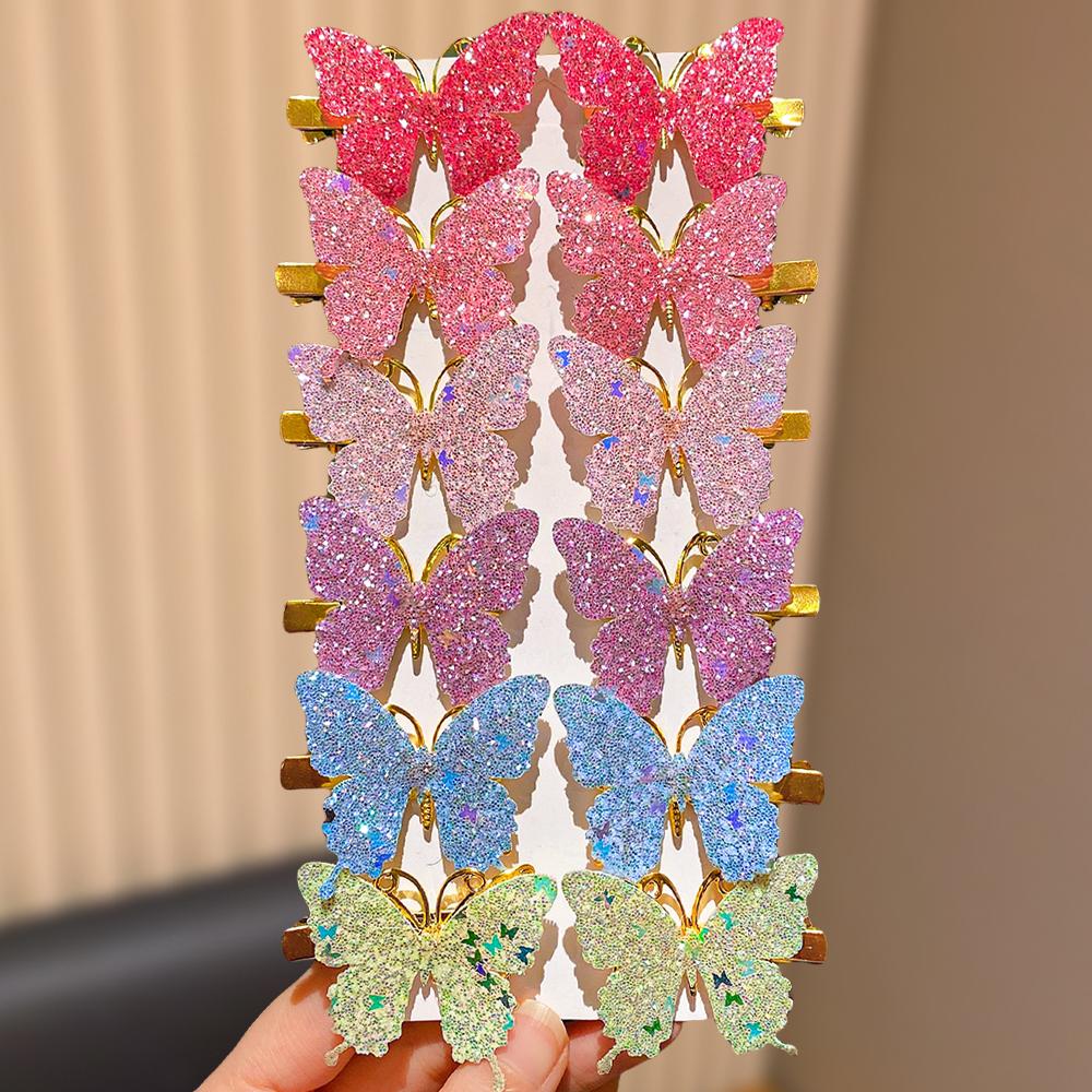 12 Pcs Sparkling Pink Butterfly Hair Clips Set for Girls Dazzling Colors Cute Hair Accessories for Daily Use And Parties