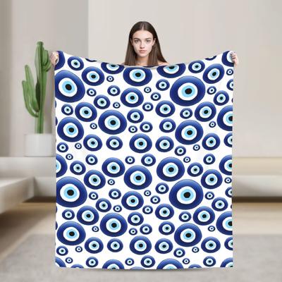 Mediterranean Evil Eye Charm Blue Flannel Blanket Super Warm Throw Blanket for Living Room Decorative Bedspread Sofa Bed Cover