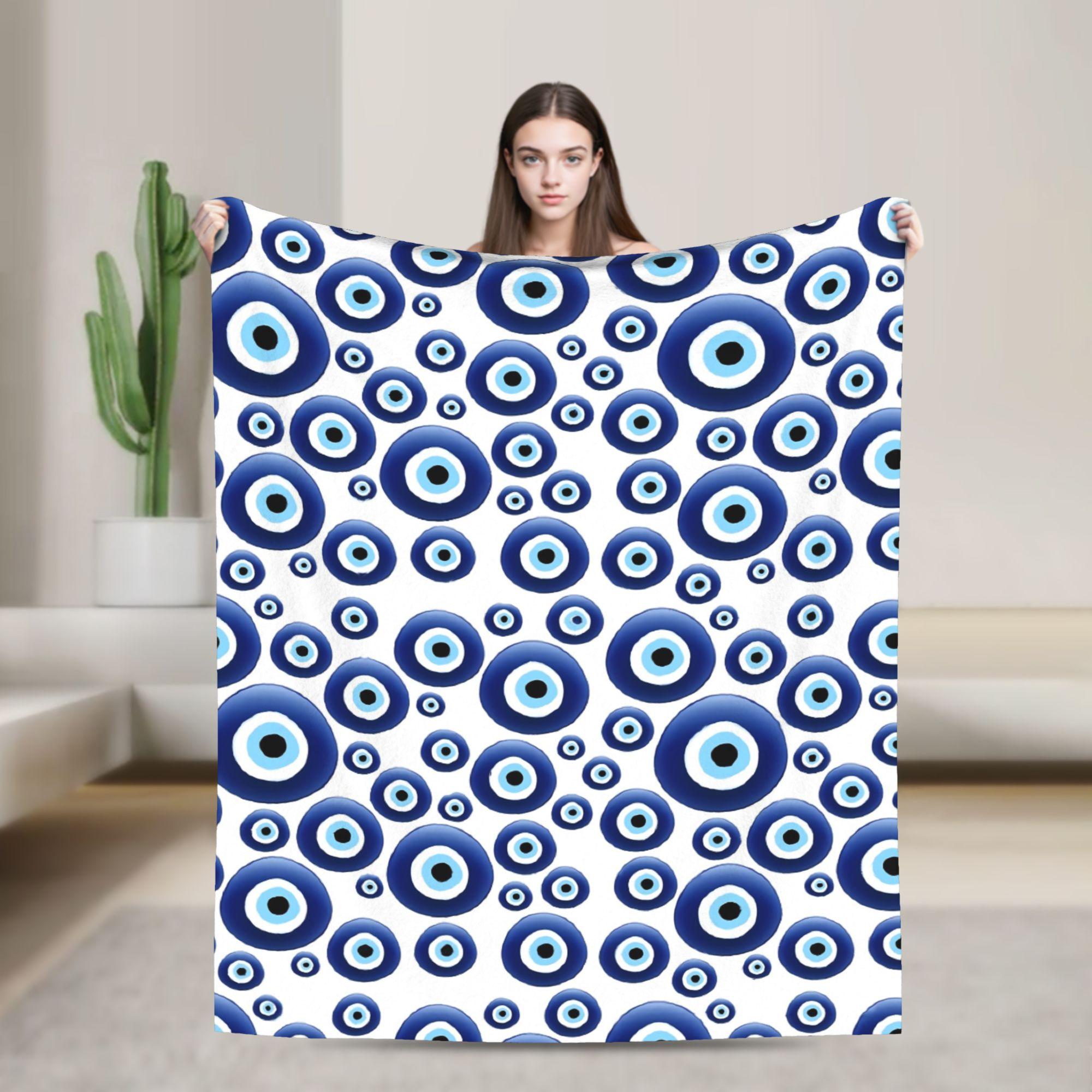 Mediterrane Boze Oog Bedel Blauwe Flanellen Deken Super Warme Plaid voor Woonkamer Decoratief Bed Sprei Bank Bed Overtrek Size: 130*170cm, Weight: 230 GSM