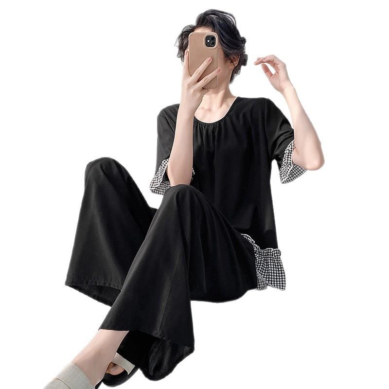 1011 New Cotton and Silk Pajamas for Women's Spring and Autumn Thin Short-sleeved Trousers Suit, Summer Large Size Solid Color Loungewear