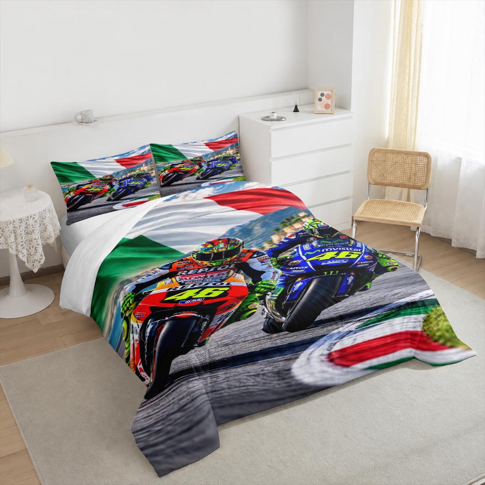 3 Piece Bedding Set with Duvet Cover and 2 Pillowcases - Valentino Rossi 46 Dual Bikes Italian Flag Print - Blue Orange Track Decor