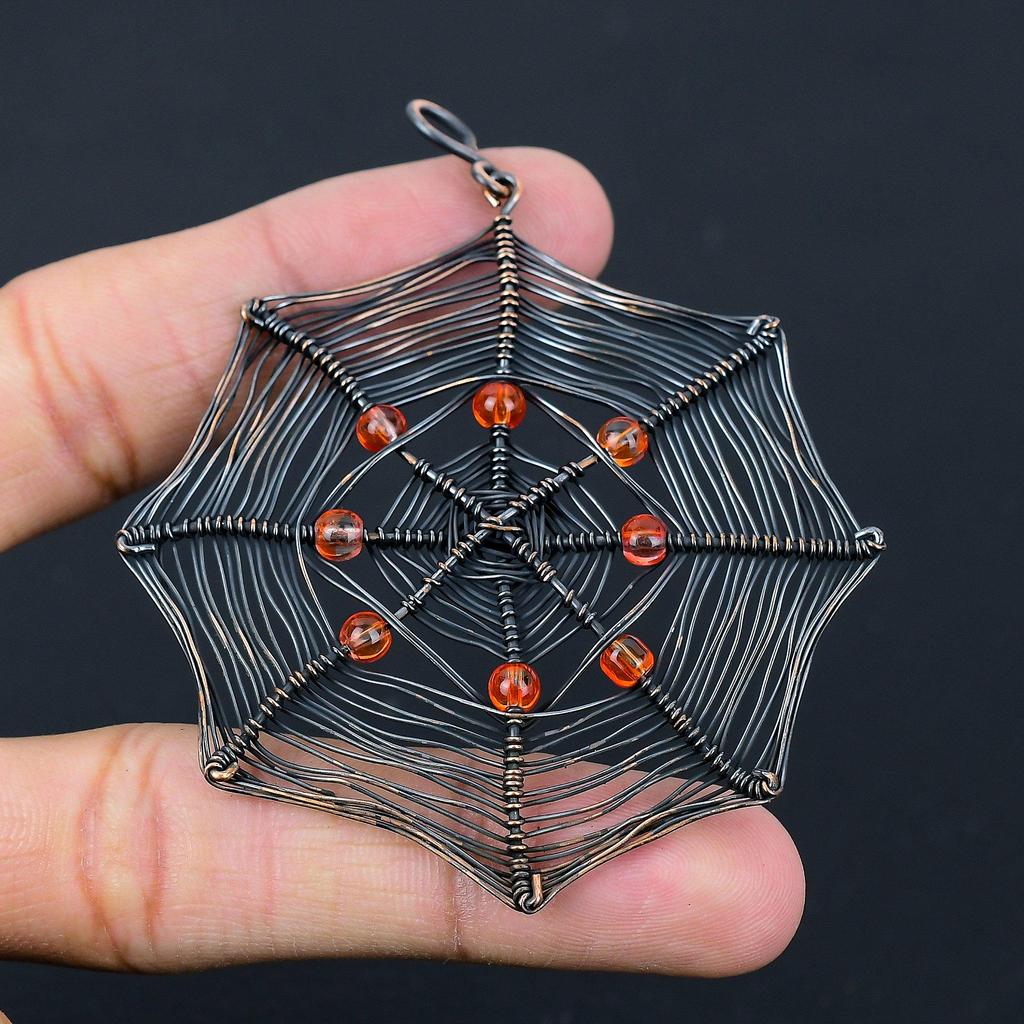 Spider Web Shaped Honey Topaz Gemstone Pure Copper Wire Wrapped Handmade Pendant Jewelry