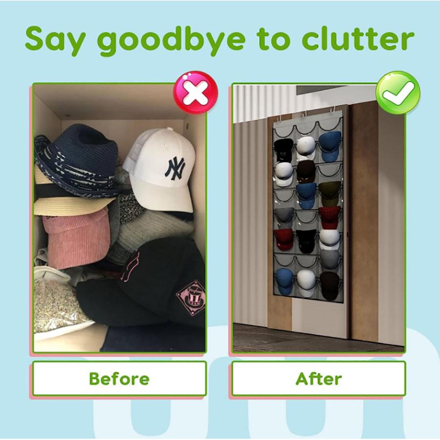 1PC Hat Organiser with Clear Deep Pockets to Display Your Baseball Caps, Baseball Cap Rack with 3 Hooks, 24 or 27 Deep Pockets