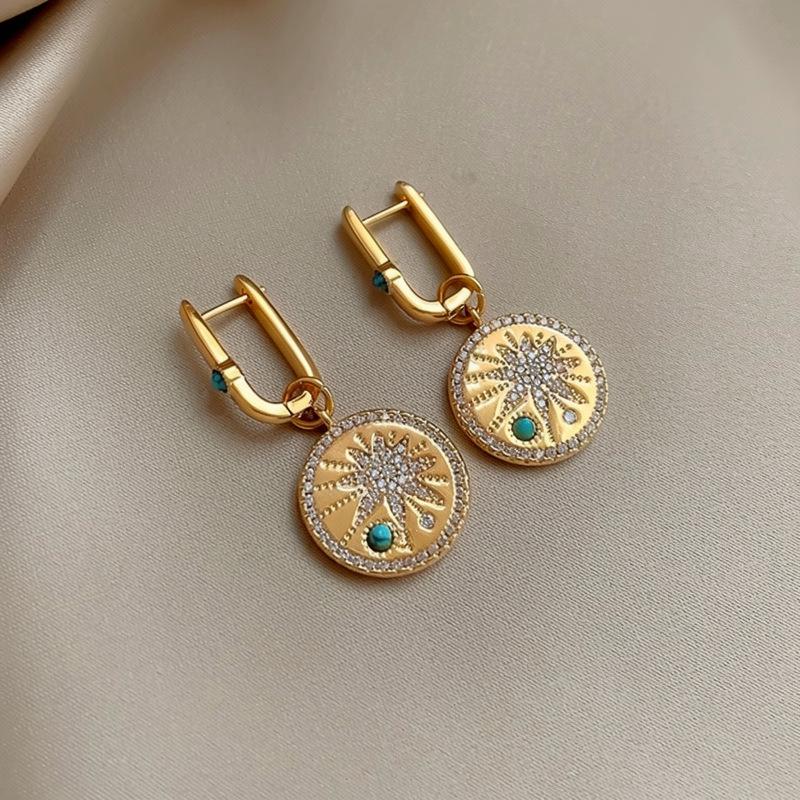 K real gold electroplated zircon round printing pendant ear buckle retro temperament earrings light luxury high-end earrings women