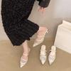 Fashion Women's Mesh Floral Embroidered Slingback High Heels Female Open Heel Pearl Studded Pointed Toe Sandals Sexy Stiletto Lady Mules