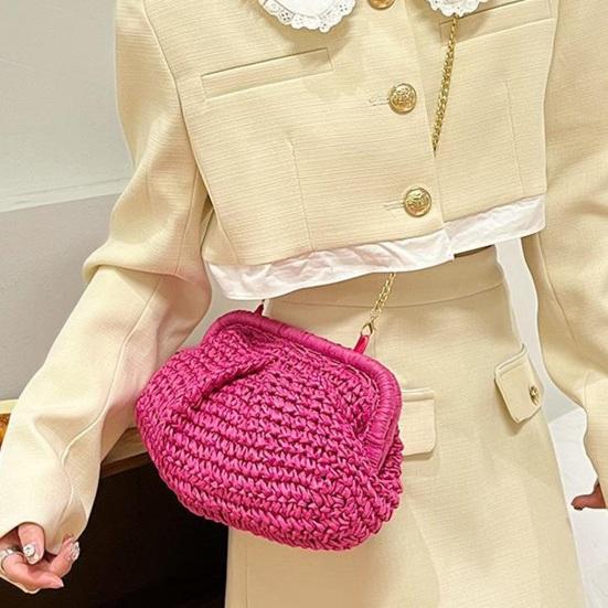 Women Shoulder Bag Slim Metal Chain Straw Braided Solid Color Large Capacity Handbag Shell Shape