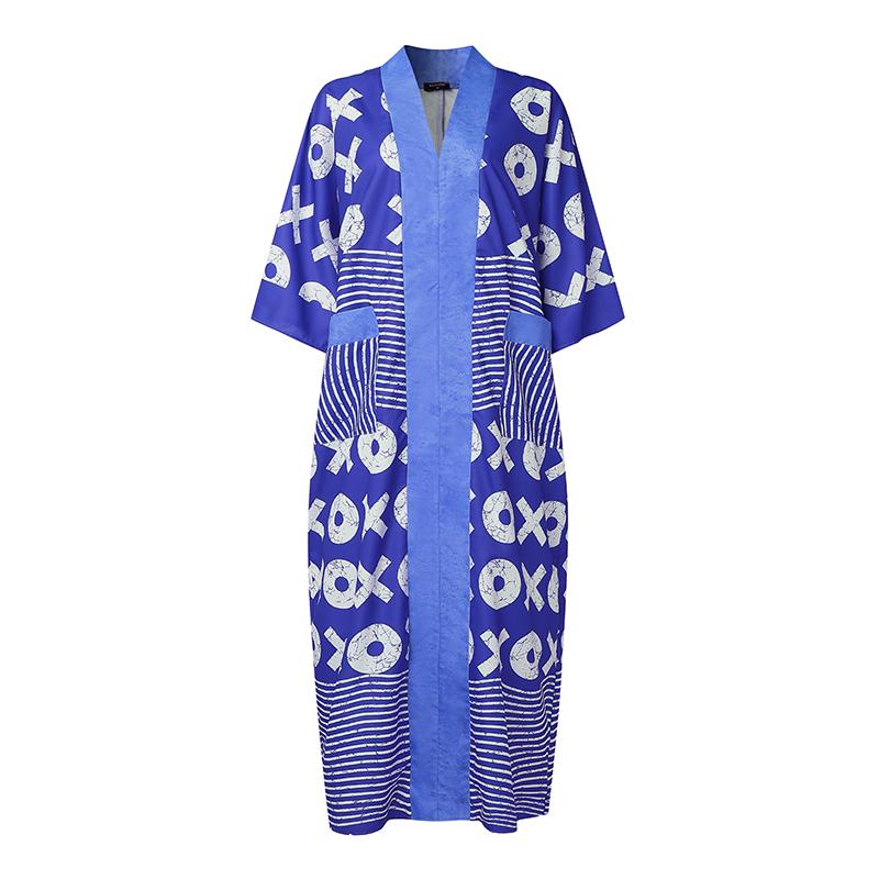 Oversized Women V Neck Long Sleeve Patchwork Print Casual Loose Maxi Kaftan Dress