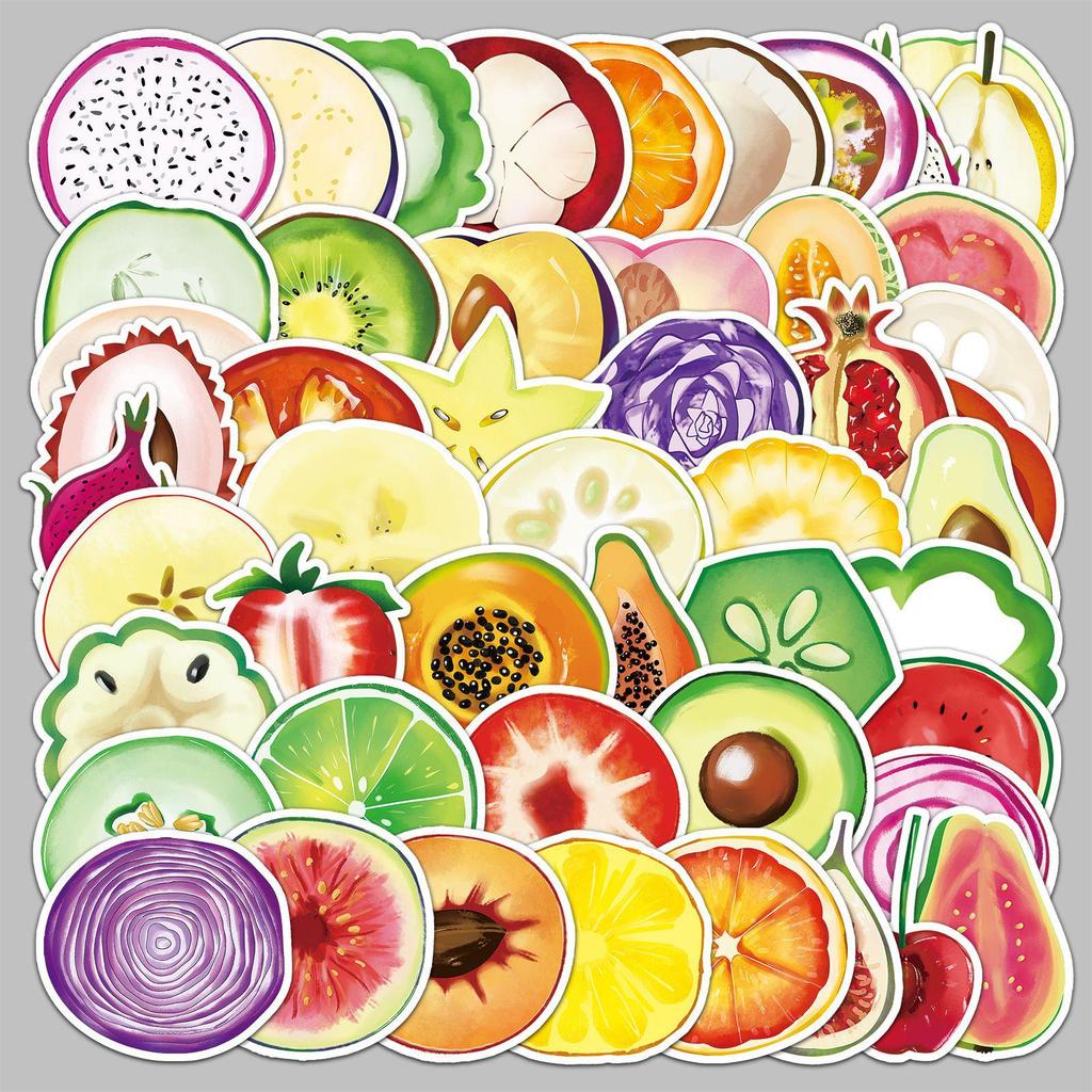 50 Fruit & Vegetable Cartoon Stickers - Waterproof Graffiti Decorative Decals (50 Sheets)