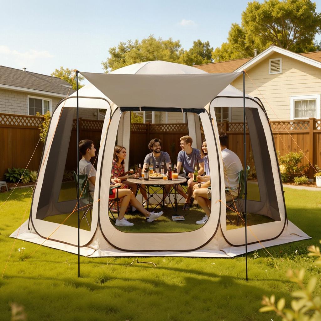 Screen House Tent, 3660 x 3380 x 2300 mm, 10-12 Person Pop Up Screen Tent with Extended Awning, Portable Screened in Canopy with Carry Bag, Netting
