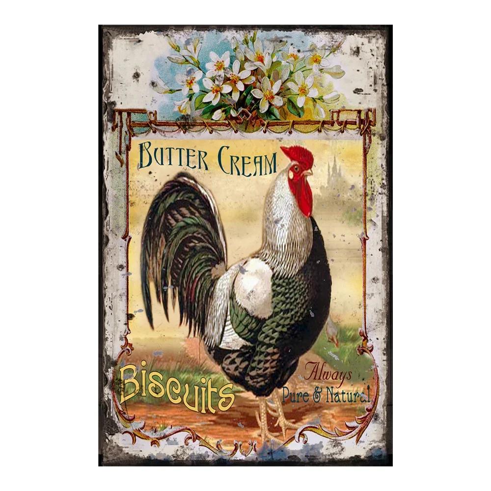 Vintage Chicken Metal Poster Tin Sign Rooster Hen Retro Plaque Plate Farmhouse Farm Wall Decor Retro Metal Poster Plaque