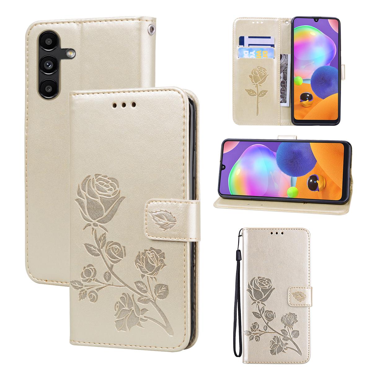 

For Samsung Galaxy A54 5G Case Rose Pattern Leather Wallet Phone Cover with Strap Gold