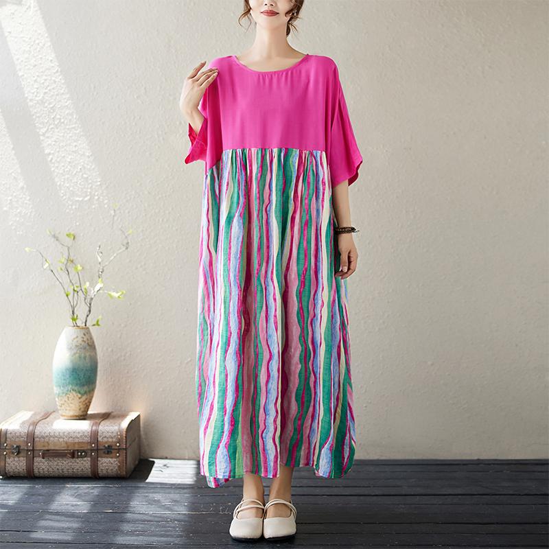 Dimanaf 2024 New Plus Size Dress Summer Women Loose Short Sleeve Beach Fashion Striped O-Neck Basic New Big Size