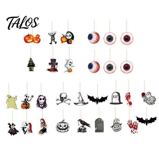 Halloween Wall Hanging 6Pcs Wooden Decoration, Ghost Pumpkin Eyeball Indoor Outdoor Decor Ornament with Rope, Spooky Holiday Party Pendant