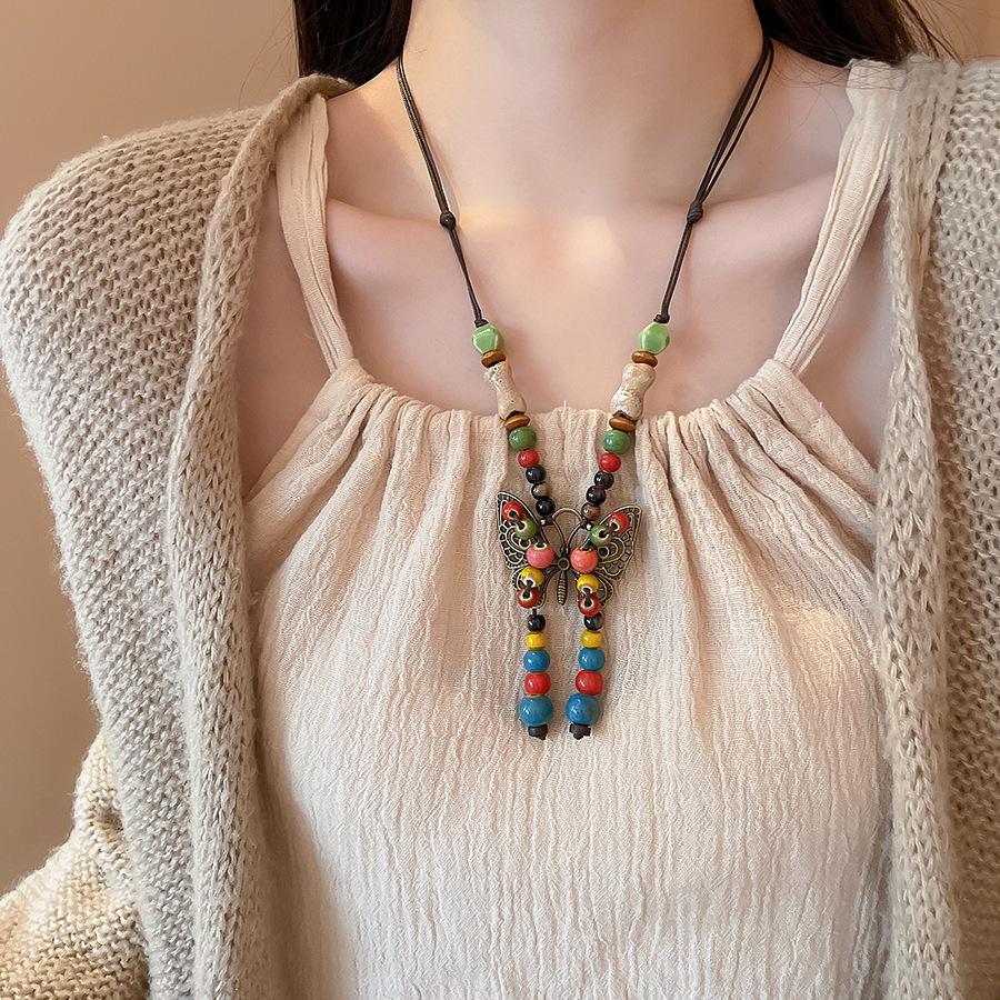 Vintage Bohemian Ethnic Ceramic Bead Pendant Necklace