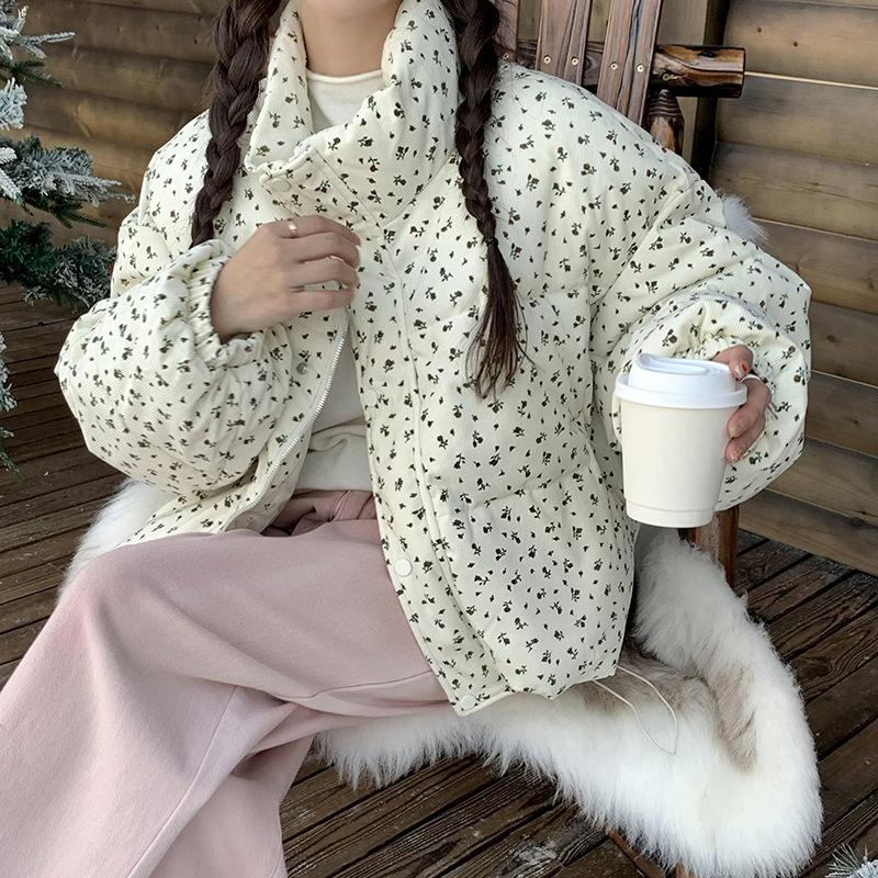 2025 winter new BF retro floral design padded jacket women's ins loose warm bread jacket cotton coat