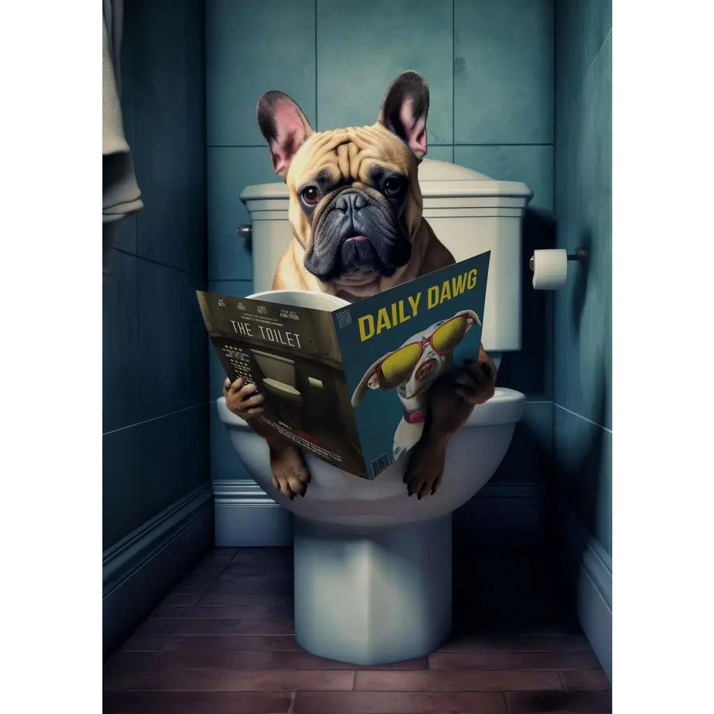 Dog Monkey Highland Cow Sitting on The Toilet Reading Newspaper Poster Animal Print Canvas Painting Funny Bathroom Wall Decor