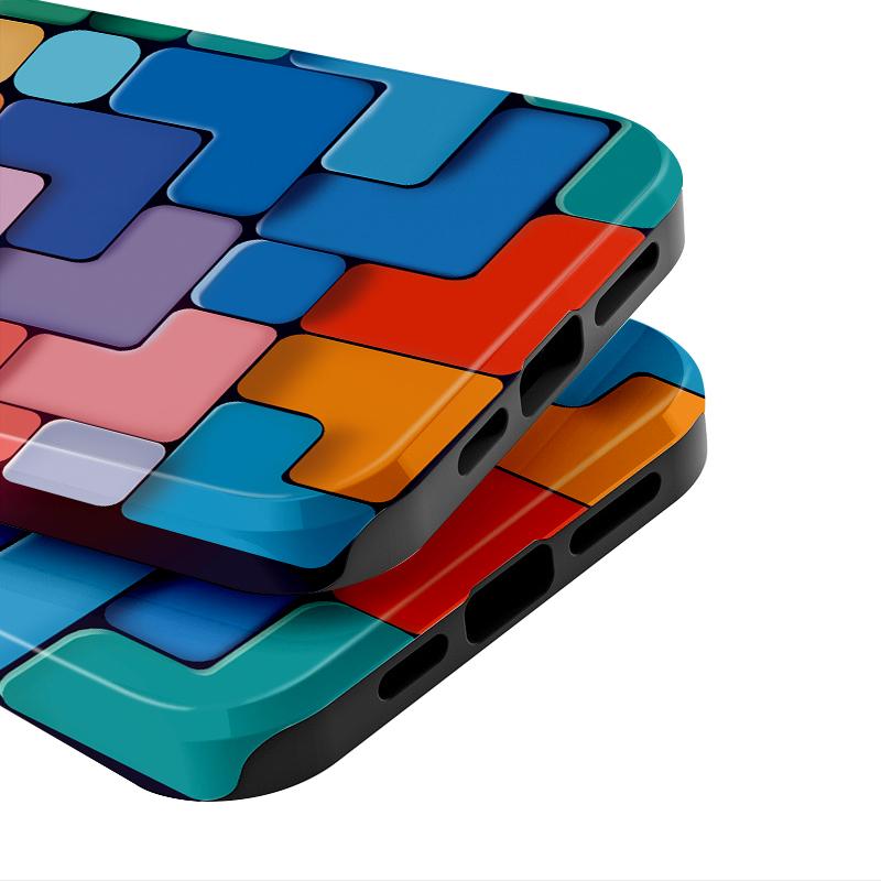 Sublimation Coated Glossy Phone Case Hard Plastic +TPU Soft TPU Shell Colorful Bricks Patterned Full Protective Back Cover for iPhone Samsung
