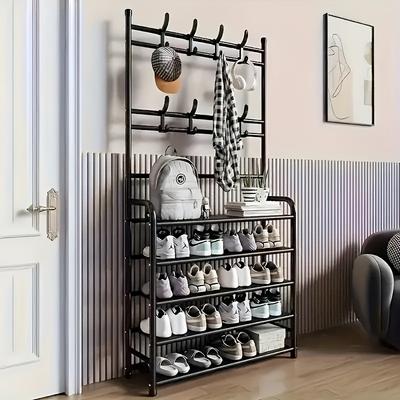 1pc Freestanding Metal Storage Rack | Entryway Closet Organizer with 4/5 Shelves & 8 Double Hooks - Space-Saving Organizer for Living Room,  Hallway