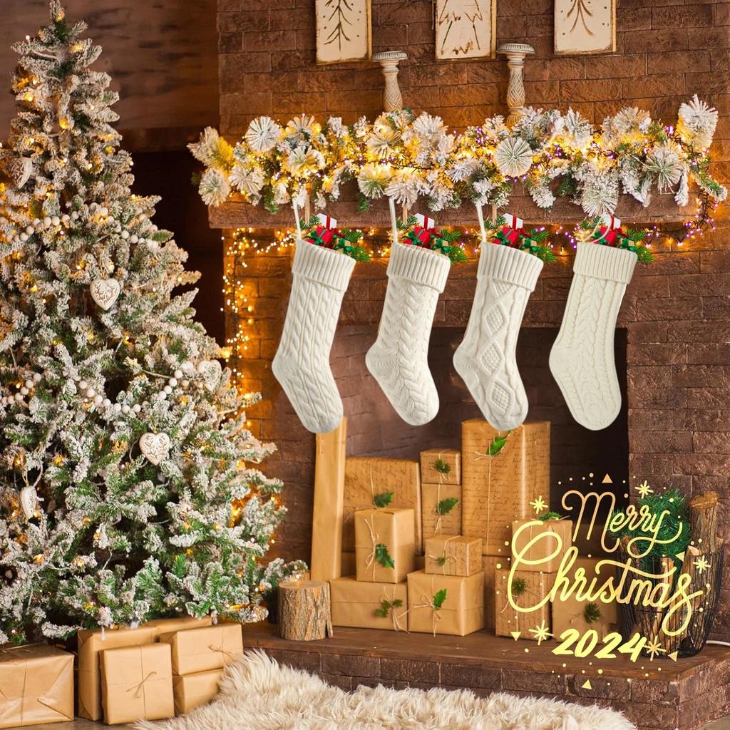 3/4Pack Christmas Stockings 18In Rustic Cable Knit Fireplace Stockings Xmas Rustic Stocking Decorations for Family Holiday Party