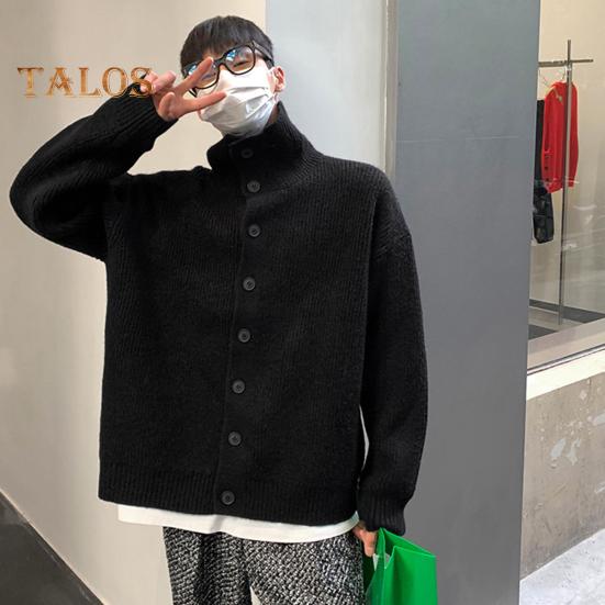 Fall Winter Men Sweater Cardigan High Collar Neck Protection Knit Thick Elastic Long Sleeves Loose Warm Solid Color Knitwear Daily Wear Sweater Coat