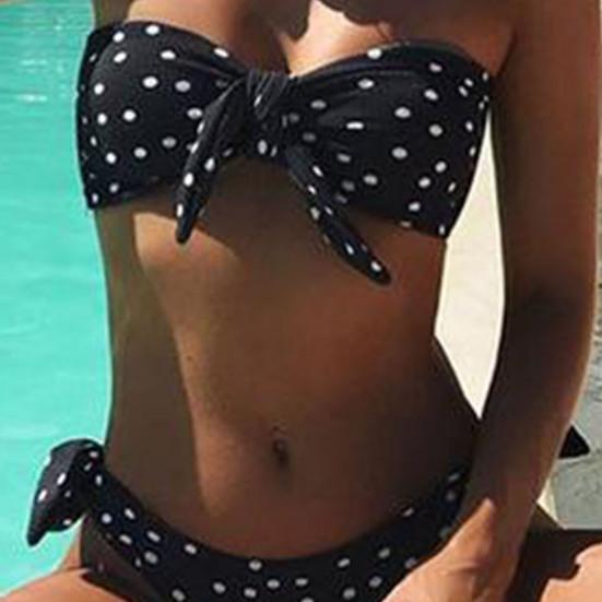 Set da 2 pezzi/set costume da bagno con stampa a punti e colori a contrasto, set di costumi da bagno con lacci per il nuoto
