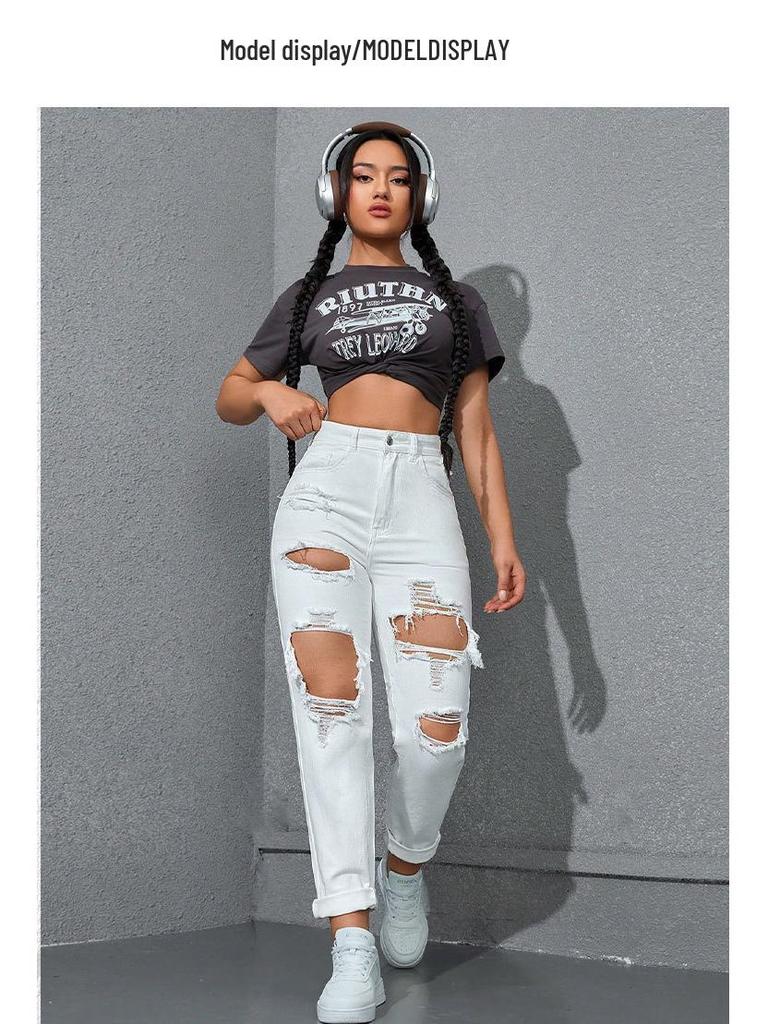 Jeans strappati da donna - Nuova tendenza europea americana, Lavati, Casual, Versatili, Elasticizzati, Larghi, Gamba dritta