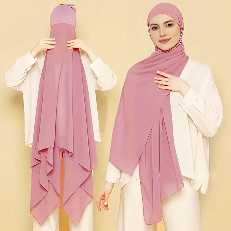 1Pc Muslim Shawl Scarf Chiffon Hijab Breathable Turban Head Wrap Women Solid Color Polyester With Inner Cap