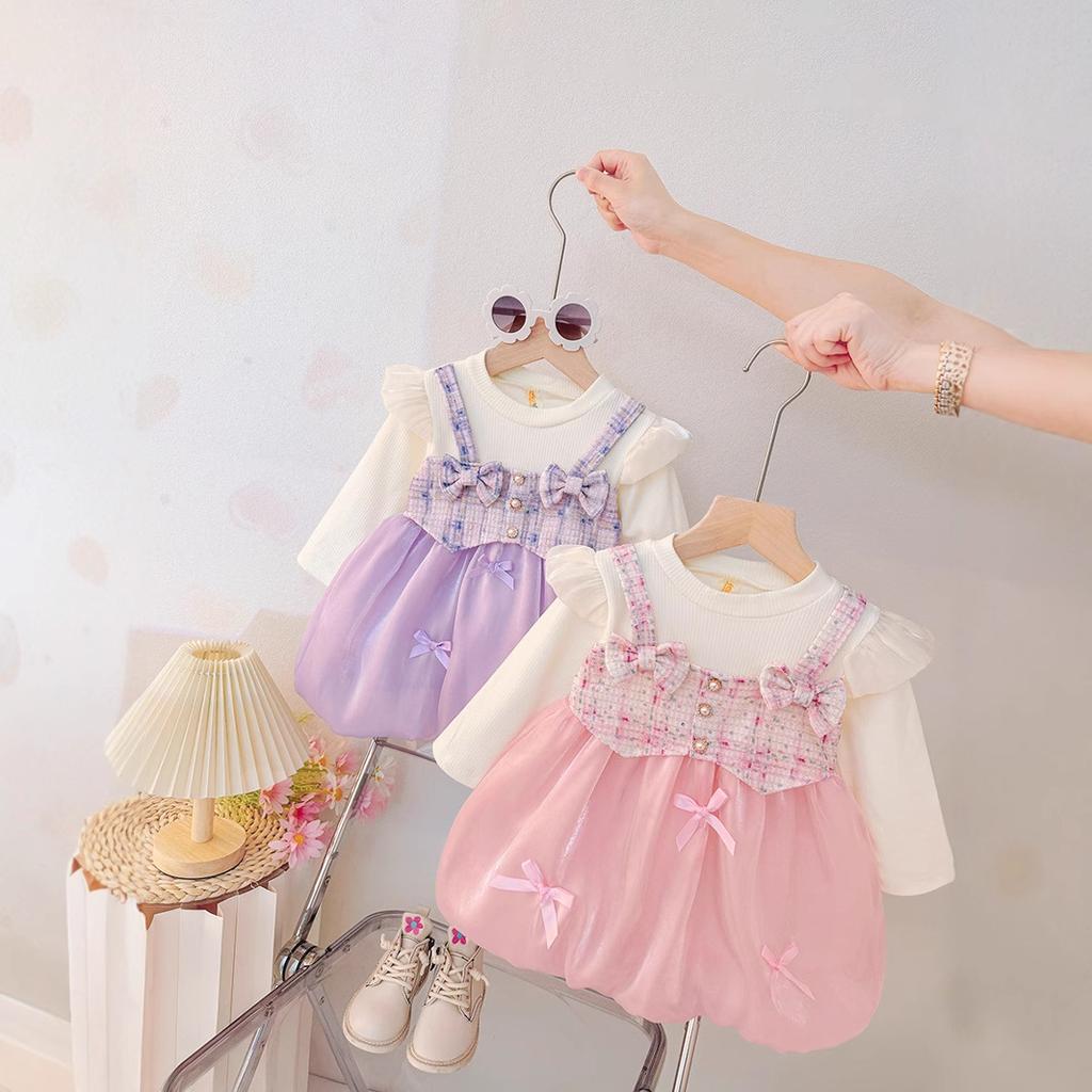 Girls Prinss Dress Spring Summer Autumn Fake Two Pie Bowknot Stylish Fashionable Versatile