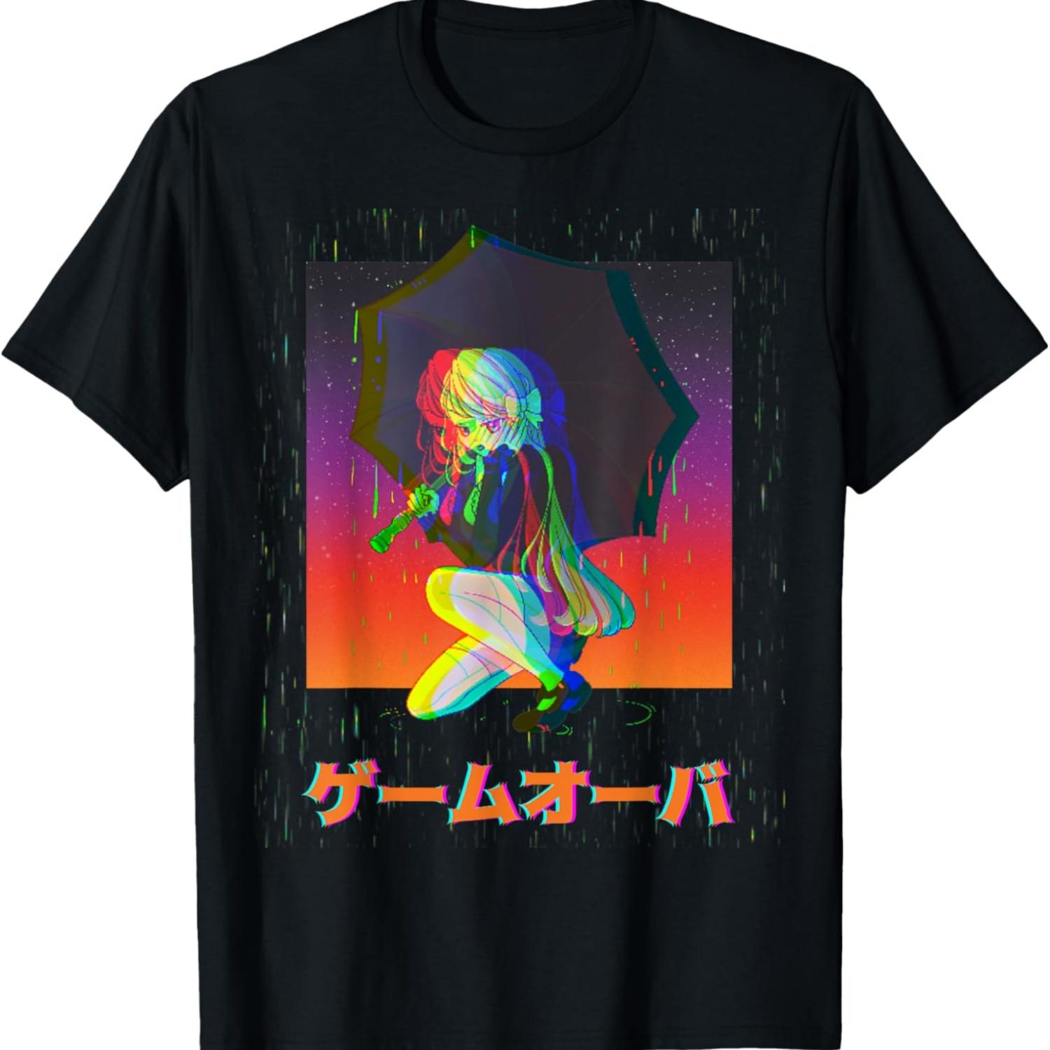 Sad Anime Girl Game Over Glitch Japanese Vaporwave T-Shirt S