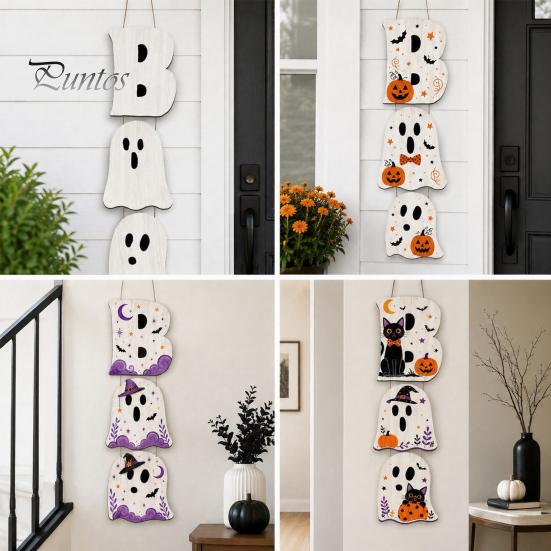 Layered Hanging Seasonal Ornament Halloween Wooden BOO Sign, Creative Letter Pendants, Vintage Ghost Pumpkin Black Cat Cute Theme Wall Decor