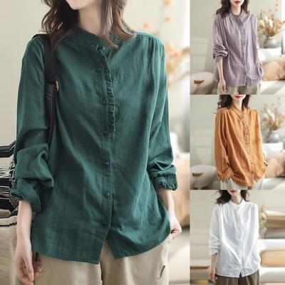 Vintage Cotton Linen Shirts and Blouses Summer Fall Casual Long Sleeve Shirt Ruffles Button Up Shirt Oversized Blouses Tops