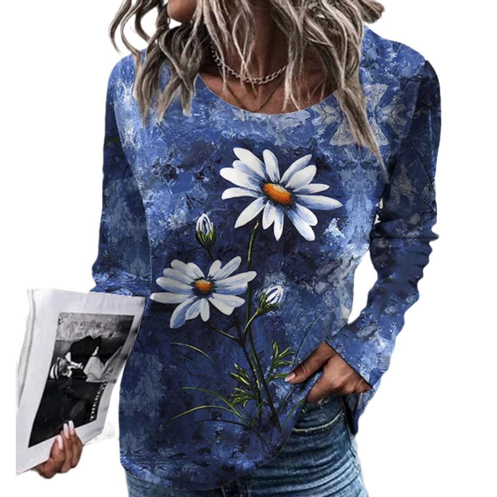 

Spring and Autumn Round Neck Flower Pattern 3D Printed Top Fashionable Casual Long Sleeved Women s T-shirts 5XL