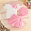 2026 Summer Baby Girl Ribbed Short Sleeve Top, Rhinestone Shorts Skirt & Beret Set (0-3 Years) - Trendy & Sweet