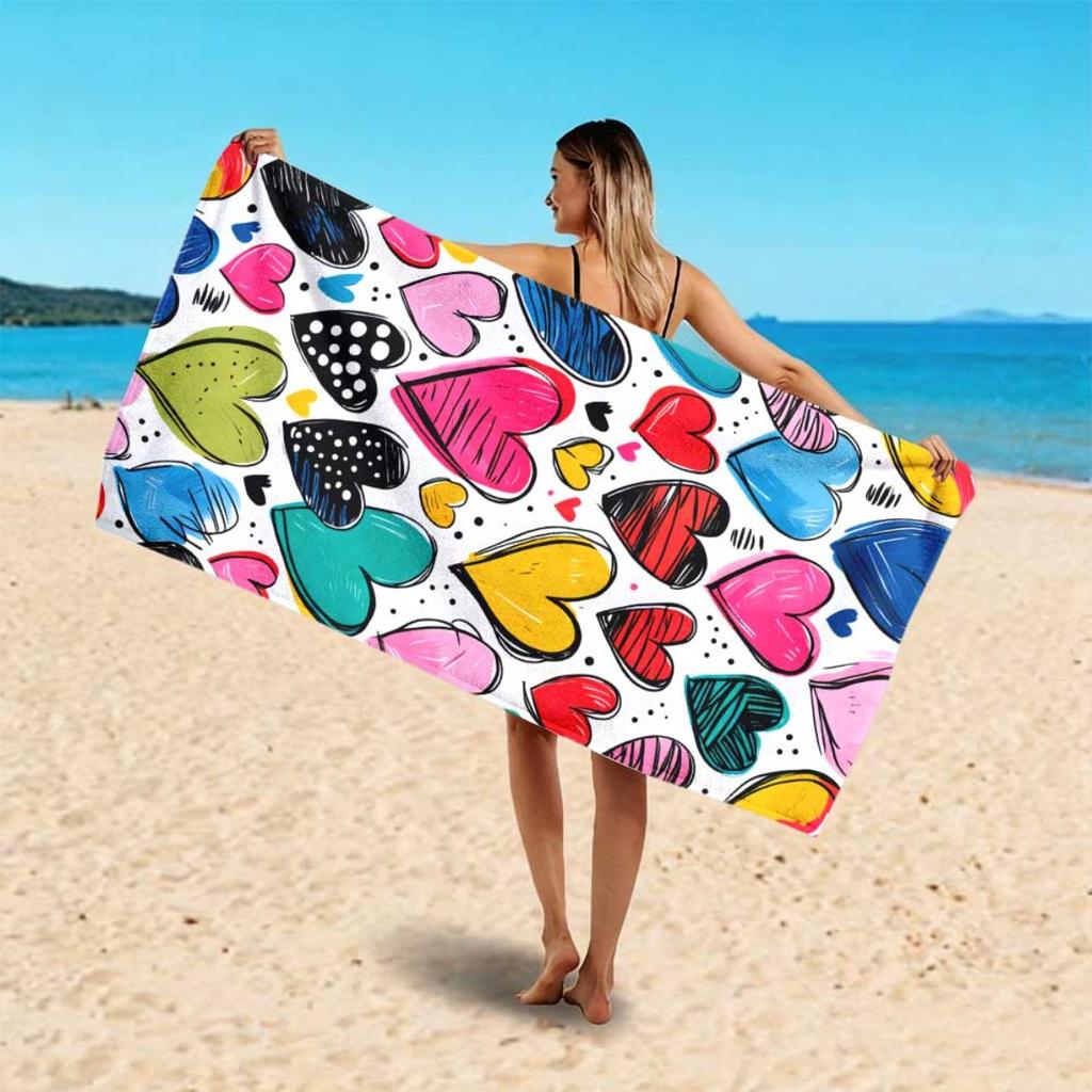 Heart Print Beach Towel Soft Lightweight For Pool Party Swimming Surfing Diving Beach Camping Summer Gift Unisex