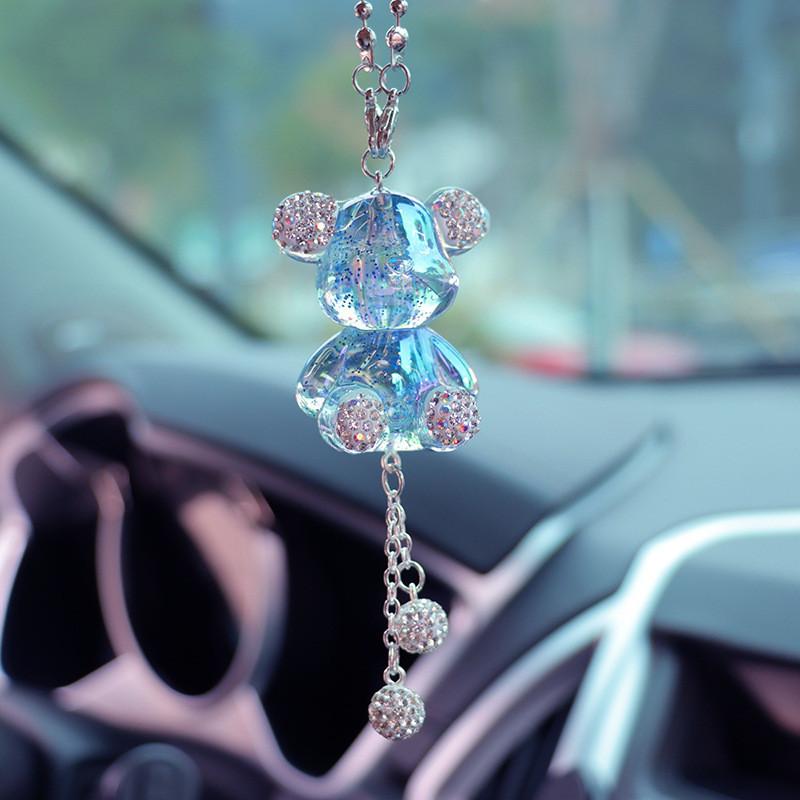 Cute Cartoon Teddy Bear Car Mirror Hanging Ornament Purple Clay Car Pendant With Plastic Rhinestones