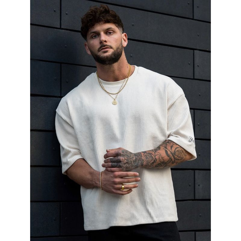 Fashion Men Fitness Short Sleeve Loose-Fitting Casual round-Neck Stripes Plus Size T-shirt Heavy Weight Breathable Fashion Muscle Half Sleeve